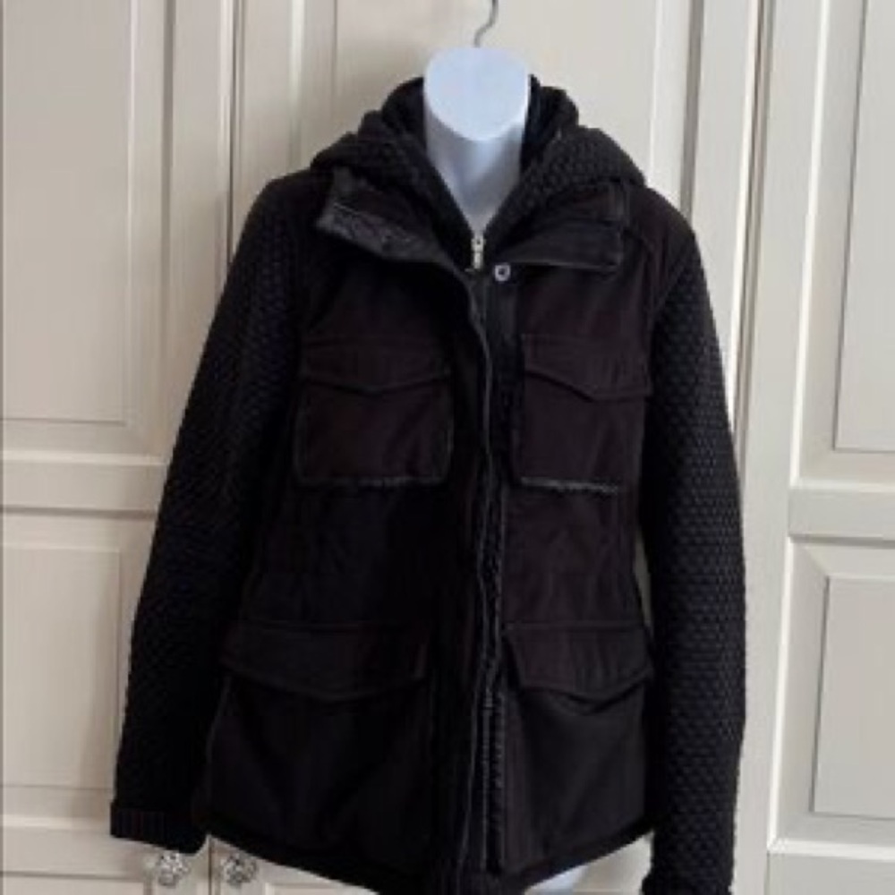 Black Hooded Mixed-Media Jacket